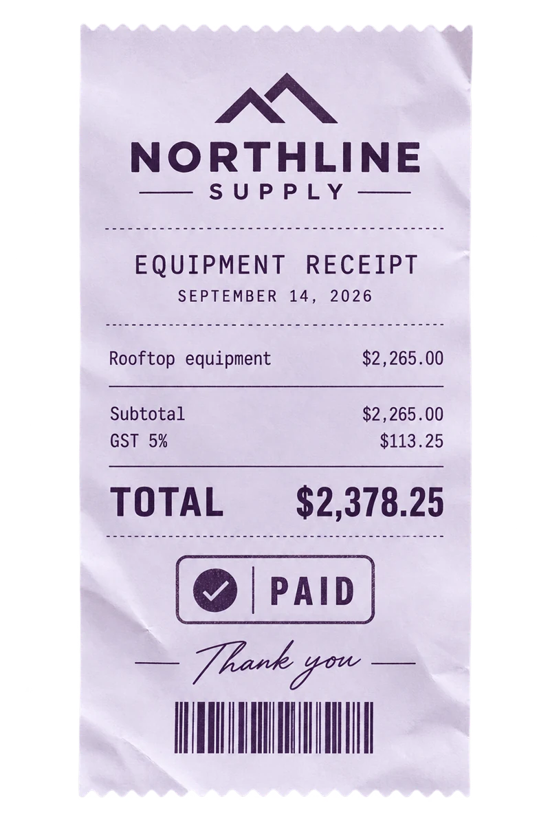 Northline Supply equipment receipt: $2,265.00 plus $113.25 GST, total $2,378.25, paid.